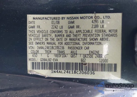 2008 Nissan Altima 2.5 S z USA, uszkodzony, nr VIN 1N4AL24E18C206036